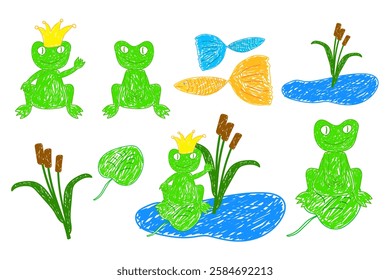 Colorful doodle of frogs, fish, water plants, and a pond, featuring a frog prince with a golden crown in a fairytale style. A set of wetland animals and plants.