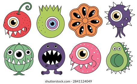 Colorful Doodle Fruit Monsters with Sharp Teeth Illustration