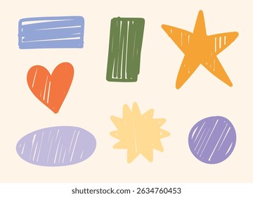 Colorful Doodle Geometric Shapes. Heart, Star, Oval, Circle, Rectangle, Abstract Spiky Form. Hand Drawn Crayon Style. Pastel Background. Vector Illustration