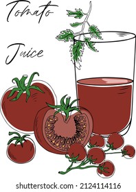 Colorful doodle of the glass of tomato juice served with fresh tomatoes and greenery, isolated on white background