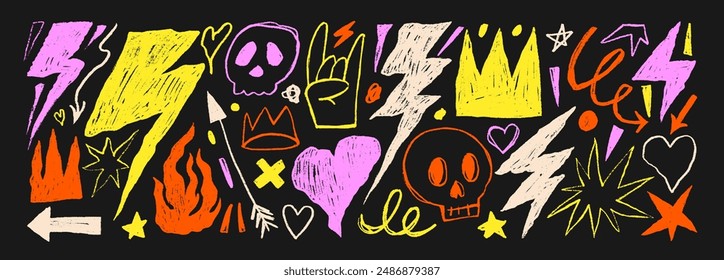 Colorful doodle grunge rock and punk icon set. Hand drawn crayon lightnings, sculls, crown, hearts, arrow and squiggles. Punk doodle icons for stickers, collages. Pencil and charcoal scribbles.