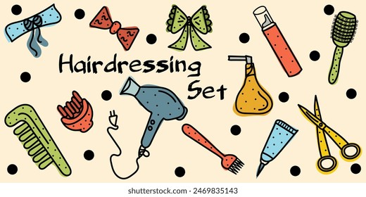 Colorful Doodle Hairdressing set: scissor, hair dryer, comb, diffuser, atomizer, paint brush, bow, headband. Vector hand drawn illustration isolated on beige background	