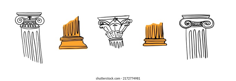 Colorful doodle hand drawn Ancient Greece column set illustrations isolated on white background