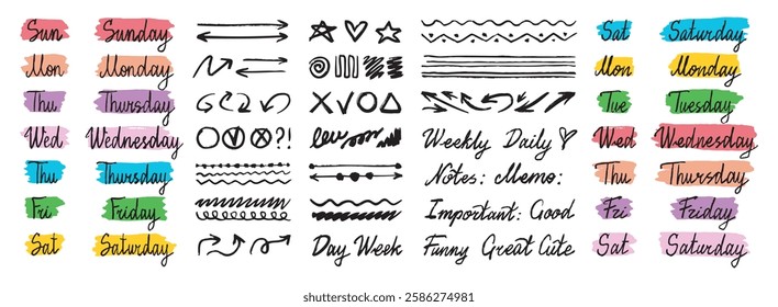 colorful doodle hand drawn lettering days of week. Sunday, Monday, Tuesday, Wednesday, Thursday, Friday and Saturday. Stickers for planner, journal. handwritten days week clipart. Vector illustration