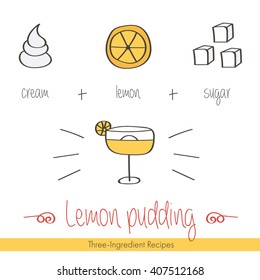 Colorful doodle, hand drawn recipe of lemon pudding with ingredients. Three-ingredient recipes doodle illustration.