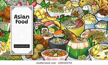 Colorful Doodle Hand Drawn Variety as Asian Food Background