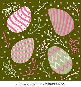 Colorful Doodle Happy Easter eggs seamless pattern. Background decorated with branches, dots, flowers. Vector hand drawn illustration in green, pink colors. Isolated on green background