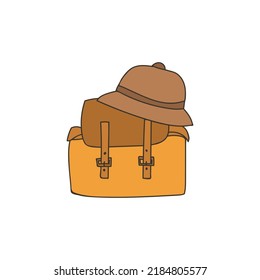 Colorful Doodle Haversack With Bucket Hat Icon In Vector. Colorful Hand Drawn Haversack With Bucket Hat Icon In Vector