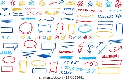 Colorful doodle highlight cartoon elements, decorative organic hand drawn shapes, vector sketch frames an lines set