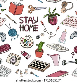 Colorful doodle hobby seamless pattern. Stay home concept isolated on white. Board, video games, painting, reading, knitting, gardening vector illustration. Hand drawn texture for banners, design