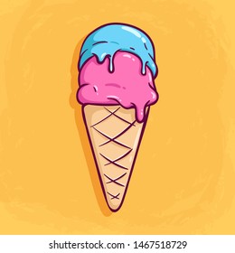 Colorful Doodle Ice Cream Cone With two Layer Strawberry and Blueberry