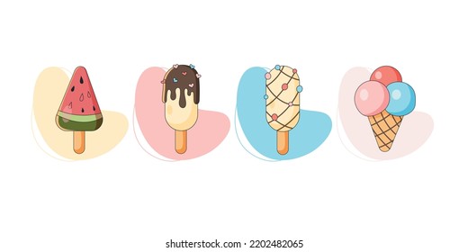 Colorful doodle ice cream set. Summer Illustration Sweet Fast Food.