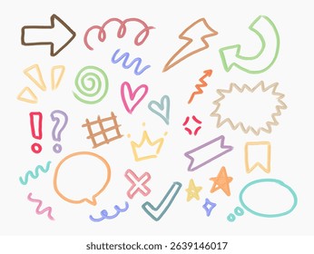 Colorful doodle icons with brush cream texture isolated on white background. Includes arrows, shapes, symbols. Useful for notes, apps, stickers.