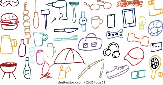 Colorful doodle icons celebrating father s day with tools, sports, and food