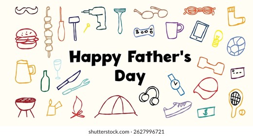 Colorful doodle icons celebrating father s day with tools, sports, and food