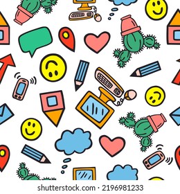 Colorful doodle icons. Seamless pattern. Cactus, computer, speak cloud, smile, arrow, mobile, envelope, home, pen, navigation sign, heart icons.