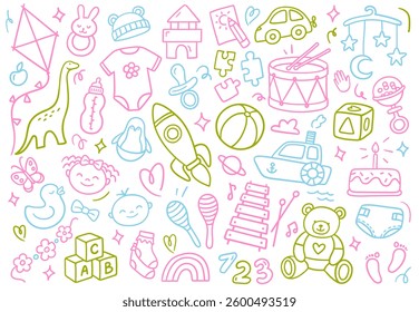 Colorful doodle illustration with baby toys and childhood elements. Vector illustrations on a white background. Perfect for kids products, coloring pages, and nursery designs.