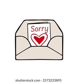 colorful doodle illustration of an envelope with "Sorry" written inside, designed as an apology card. Perfect for social media, stickers, and postcards.