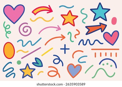 Colorful doodle illustration featuring hearts stars arrows and various abstract shapes on light background