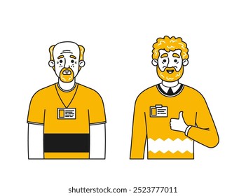 Colorful Doodle Illustration Featuring Two Business People In Professional Attire. Both Male Characters Display Badges
