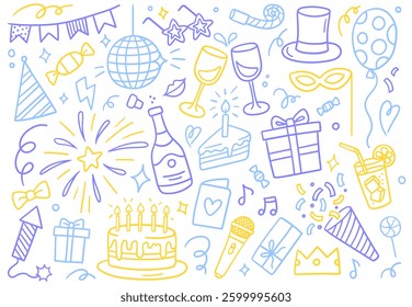 Colorful doodle illustration with festive elements. Vector illustrations on a white background. Perfect for parties, celebrations, and special events design.