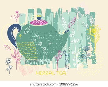 Colorful doodle illustration with flowers and tea pot, doodle herbal tea