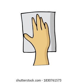 Colorful doodle illustration of hand with rag washing glass. Colorful icon of hand wiping the glass with rag in vector