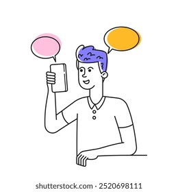 Colorful Doodle Illustration Of A Person Engaging In Conversation Using A Mobile Device. Vector Image Depicts Concept