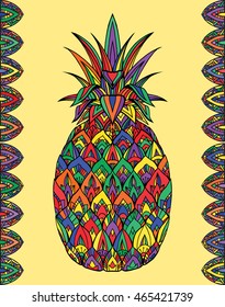 Colorful doodle illustration pineapple with boho pattern. Vector element for printing on T-shirts, postcards and your creativity