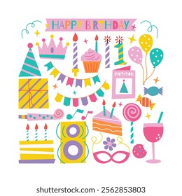 A colorful doodle illustration set of birthday-themed elements, including candles, balloons, cake, gifts, party hats, sweets, and decorations. Perfect for party invitations and festive designs