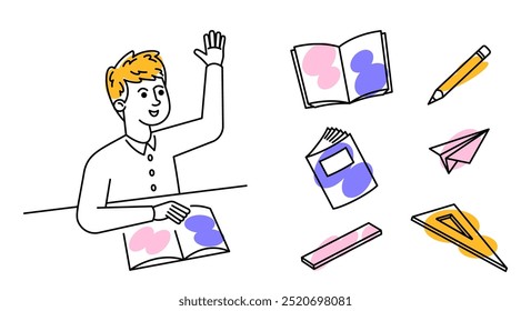 Colorful Doodle Illustration Of A Smiling Student Character Raising Hand Surrounded By School Supplies Including Book