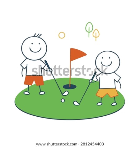 A colorful doodle illustration of two smiling stick figure boys holding golf clubs on a green golf putting hole with a flag