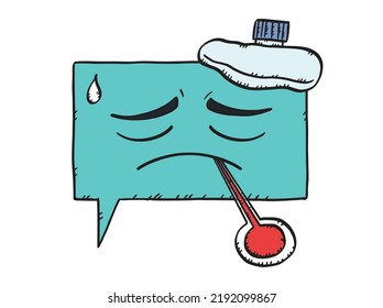 Colorful doodle illustration of unhealthy comment with thermometer and sad face.