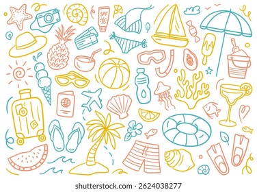 Colorful doodle illustration of vacation and traveling. Travel, tourism, and leisure-related designs. Vector illustrations on a white background.