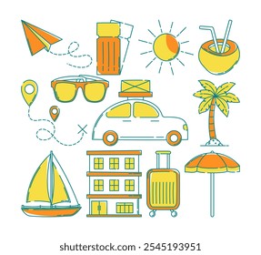 Colorful doodle illustrations of vacation essentials: sunglasses, car with luggage, suitcase, hotel, palm tree, sun, sailboat, beach umbrella, and tropical drink. Perfect for holiday themes