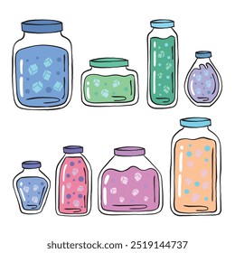 Colorful doodle jars with ice, illustration hand drawn.