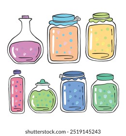 Colorful doodle jars with ice, illustration hand drawn.