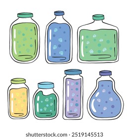 Colorful doodle jars with ice, illustration hand drawn.