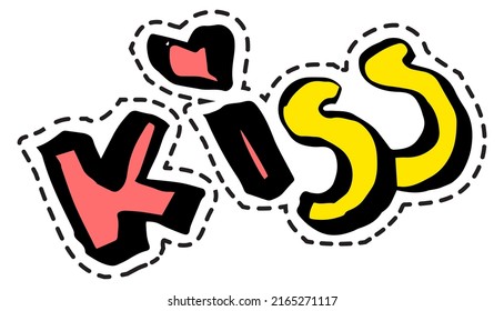 Colorful doodle with kiss and heart, romantic message for chatting. A sweet expression of feelings and emotions, drawing in modern fonts. Sticker or label, isolated icon, vector in flat style
