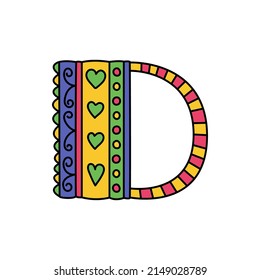 Colorful doodle letter D. Hand drawn line ABC. Sketch alphabet. Kids illustration