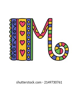 Colorful doodle letter M. Hand drawn line ABC. Sketch alphabet. Kids illustration