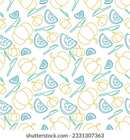 colorful doodle line egg custard in pumpkin Thai dessert seamless pattern on white background. vector abstract illustration.