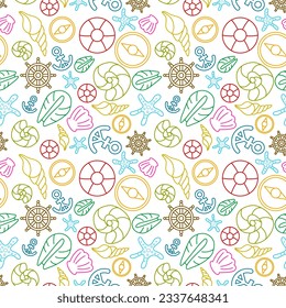 colorful doodle line summer beach and marine concept seamless pattern on white background. vector abstract illustration. 