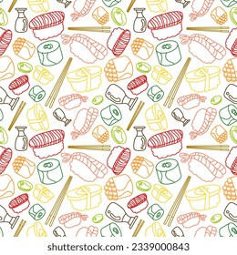 colorful doodle line Sushi with chopsticks and Shoyu soy sauce concept seamless pattern on white background. vector abstract illustration.