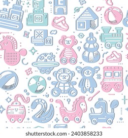 Colorful doodle lines hand drawn seamless pattern with different fun toys for girls, boys, baby, children. Vector ornamental repeat cartoon white background with drawing toys, bear, cars, cubes, balls