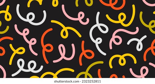 Farbige doodle Linien nahtloses Muster. Heller Serpentinenstreuer auf schwarzem Hintergrund. Frische, kreide, kreide Formen und gewölbte Tapeten. Vektorhintergrund mit Wiederholung 