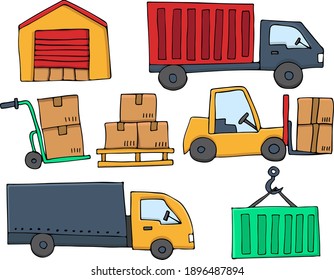 Colorful doodle logistic illustration collection. Colorful flat logistic icons set. Colorful doodle cargo illustration collection in vector.