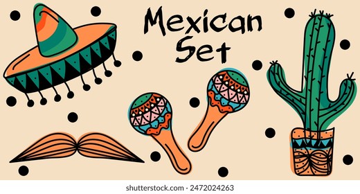 Colorful Doodle Mexican set: sombrero, cactus in pot, mustache, maraca. Vector hand drawn illustration in black, green, red, orange colors. Isolated on beige background. Latin American culture	