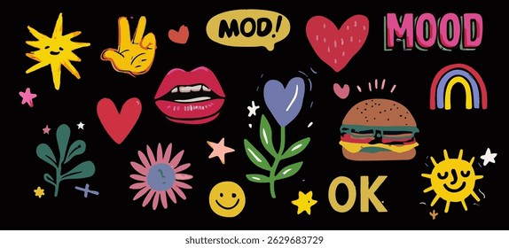 Colorful Doodle Mood Vector: Fun collection of hand-drawn stickers—stars, suns, lips, hearts, flowers, rainbow, burger, "MOOD", "OK"—on a black background. Playful and expressive for creative use.