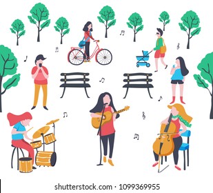 colorful doodle music band performing in the park  with drum, guitar singer and cello, surrounded with trees and crowd , illustration, vector